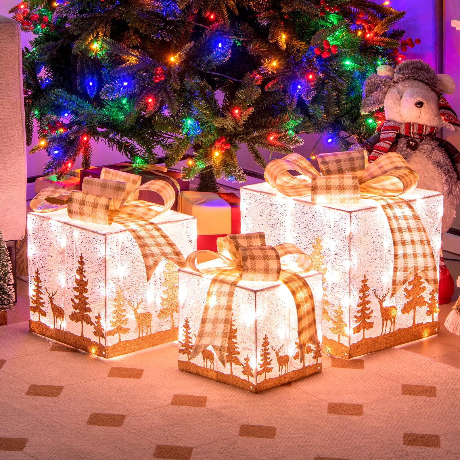 Tangkula Set of 3 Lighted Christmas Box, Pre-lit Present Boxes with 100 Warm White Lights